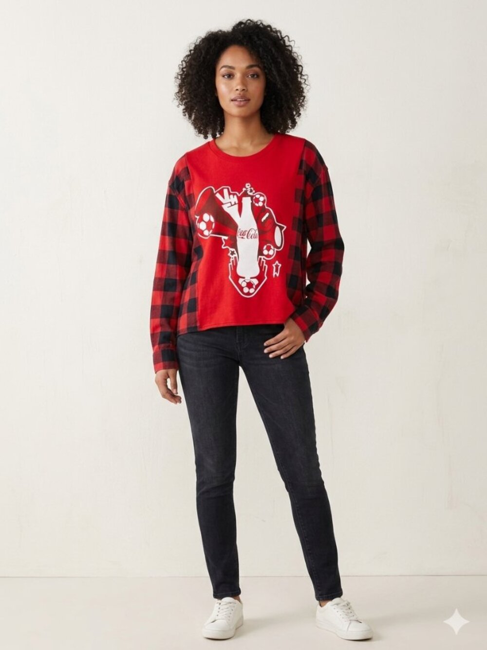 Upcycled remade Handmade Custom Flannel Plaid  red t-shirt Coca-Cola oversized